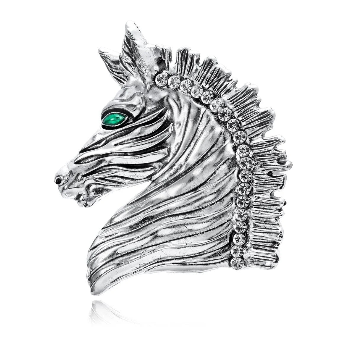 Vintage Silver Alloy Horse Head Brooch With Rhinestone Mane And Green Eye, Elegant Lapel Pin Suit Accessory
