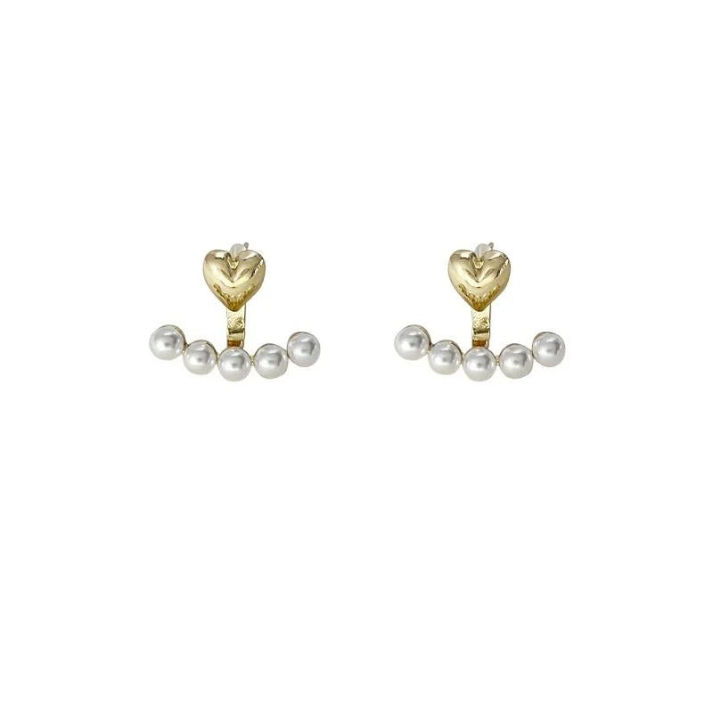 14K Plated Copper Heart Pearl Stud Earrings For Women, Korean Minimalist Two-Way Ear Jewelry