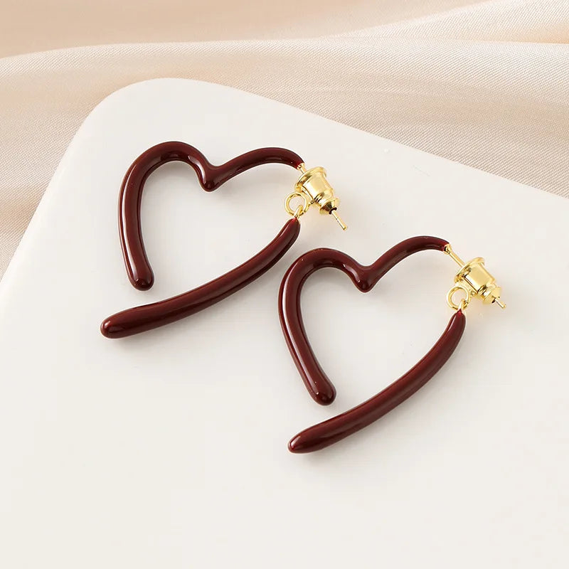 Elegant Burgundy Red Enamel Heart Spiral Hoop Alloy Stud & Clip On No Piercing Statement Drop Earrings