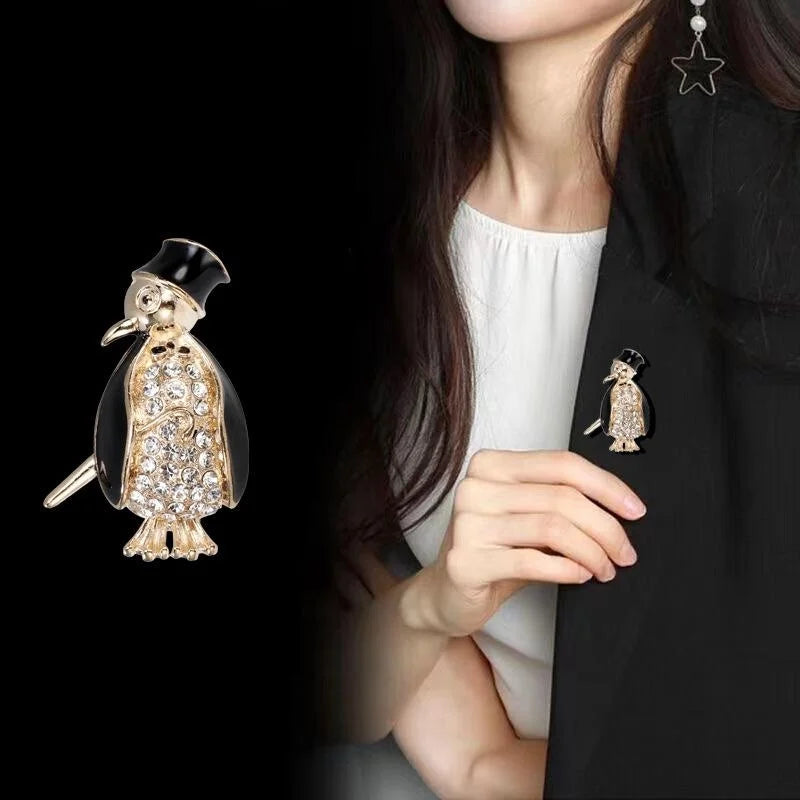 Cute Penguin Brooch With Black Enamel Wings And Sparkling Rhinestones, Gold Alloy Animal Lapel Pin Gift