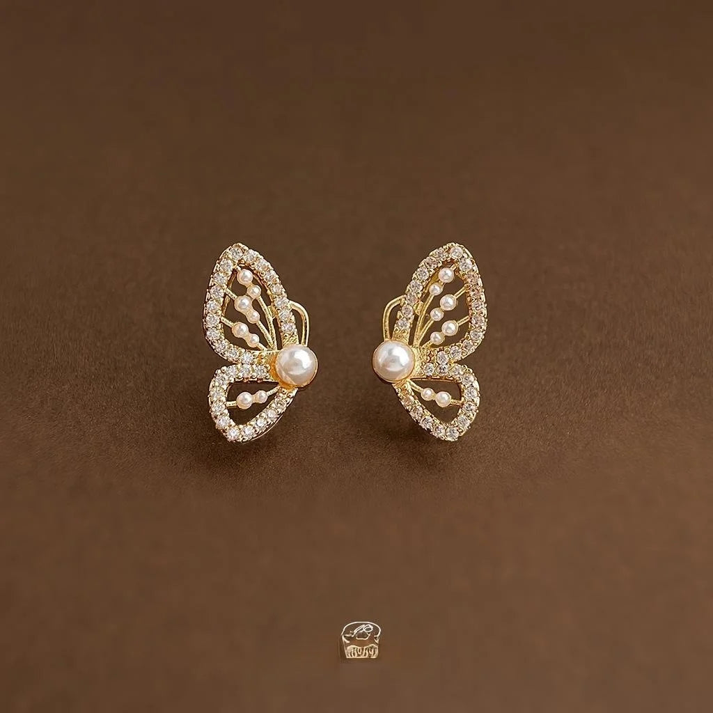 Korean Style 14K Plated Copper Micro Pave Zircon Butterfly Stud Earrings