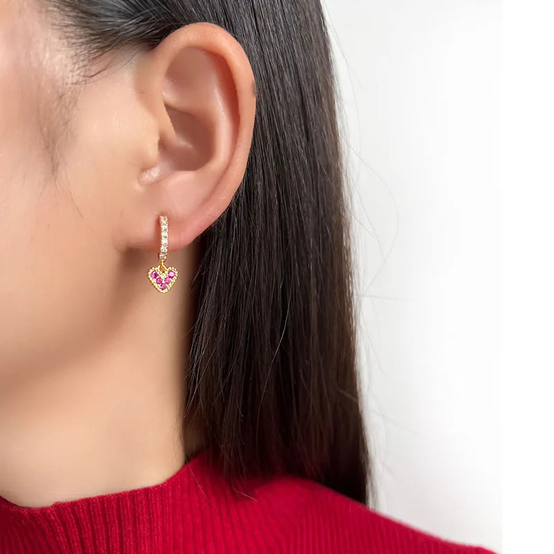 Luxury Red Rhinestone Heart Dangle Stud & Clip On No Piercing Gold Alloy Hoop Ear Cuff Earrings