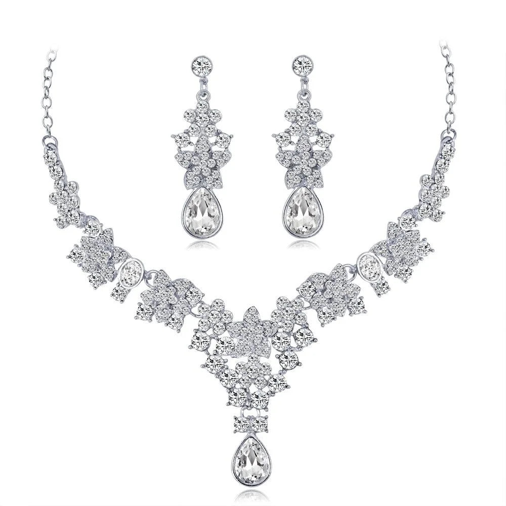 Luxury Bridal Rhinestone Flower Drop Earrings And Necklace Jewelry Set For Wedding Banquet Gift