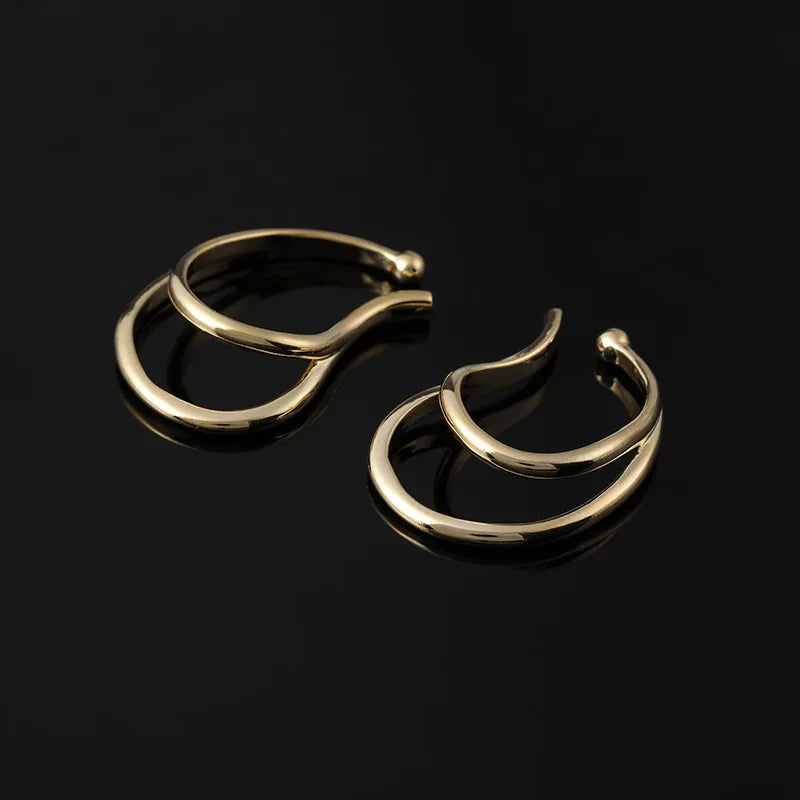 Elegant Gold Alloy Double Hoop Ear Cuff Wrap Stud & Clip On No Piercing French Minimalist Earrings