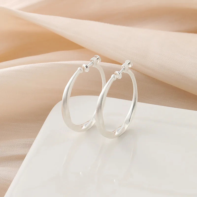 Elegant Brushed Silver Alloy Round Hoop Earrings, Stud & Clip On No Piercing Lightweight Hoop Earrings