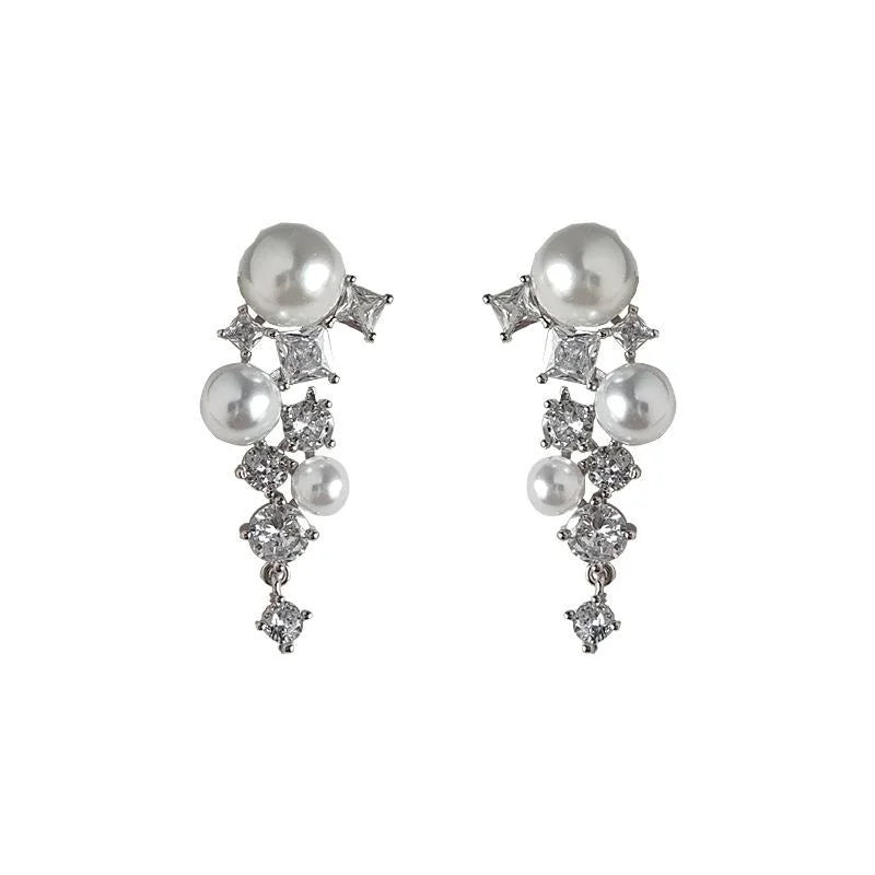 Luxury Copper Star Constellation Pearl Tassel Zircon Stud Earrings
