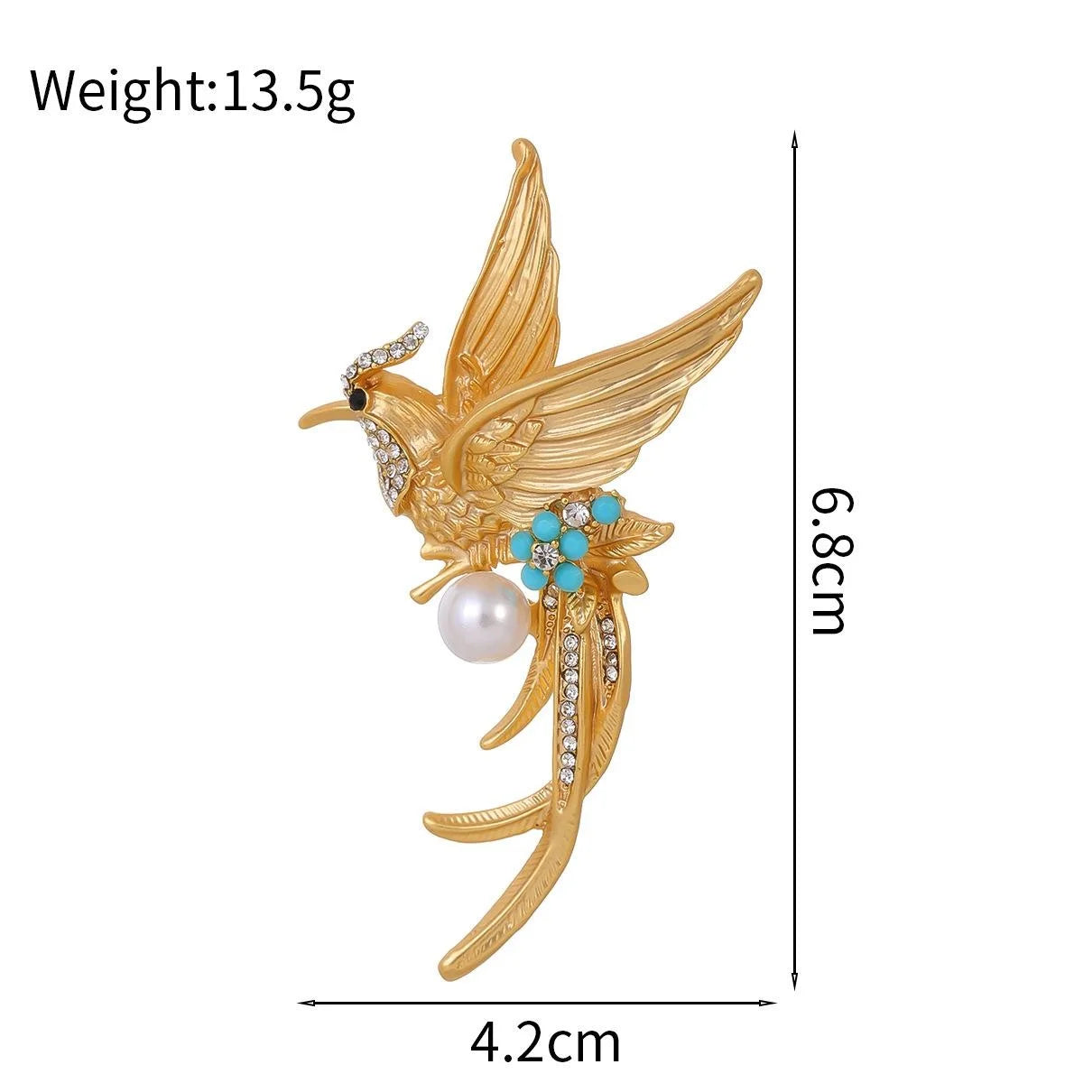 Vintage Flying Phoenix Brooch With Pearl, Rhinestone And Turquoise Enamel, Elegant Lapel Pin Suit Accessory