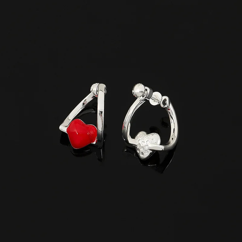 Elegant Red Enamel Heart Hoop Stud & Clip On No Piercing Silver Alloy Screw Back Women's Earrings