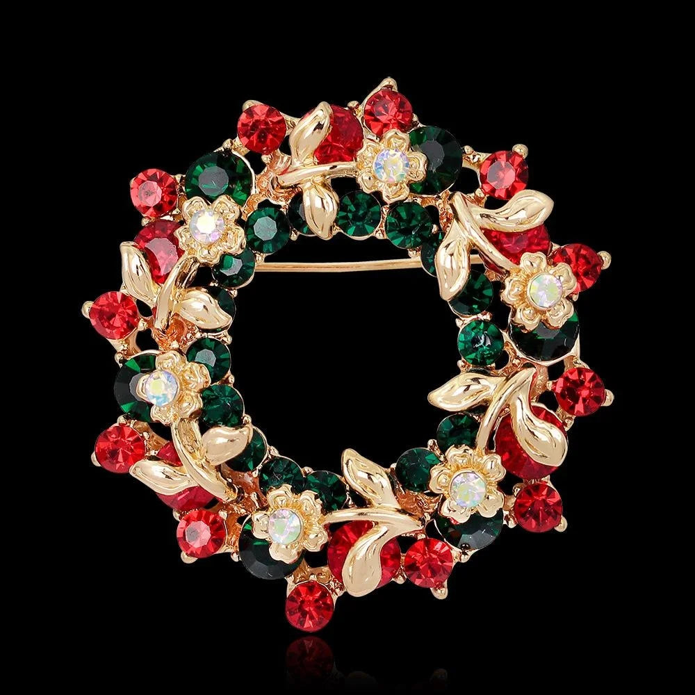 Elegant Christmas Wreath Brooch With Red Green Rhinestones And Gold Alloy Leaves, Lapel Pin Corsage Gift
