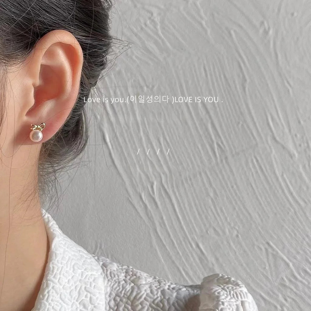 Freshwater Pearl 14K Plated Copper Bow Stud Earrings Mini Fresh Style Jewelry