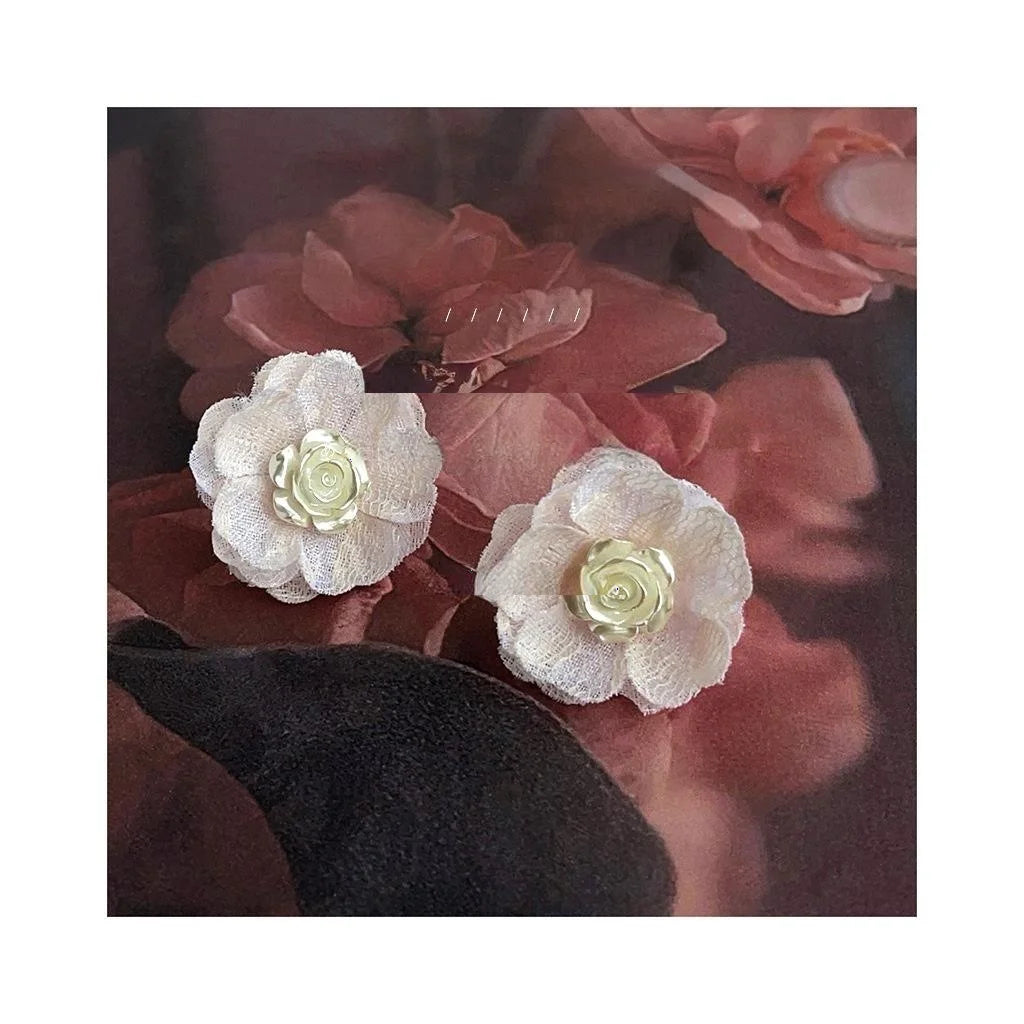 Fairy Style White Mesh Fabric Big Flower Drop Earrings Handmade Statement Floral Summer Jewelry