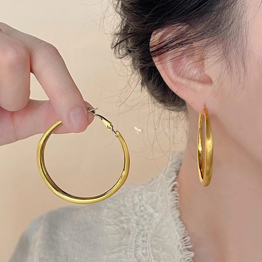 14K Electroplated Brushed Copper Large Round Hoop Earrings Minimalist Fashion Jewelry