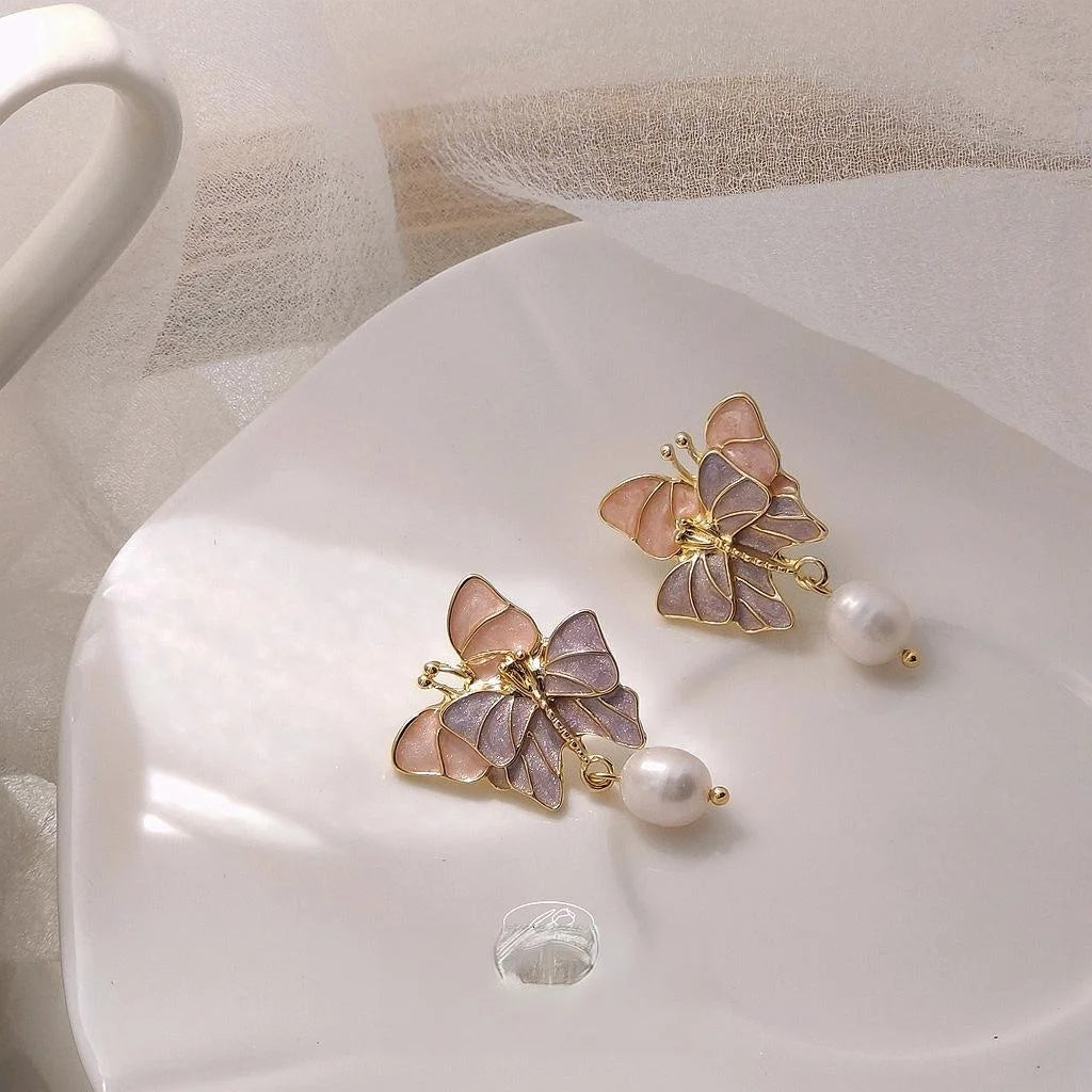 Sweet Purple Butterfly Freshwater Pearl Drop Earrings With Silver Plated Pins Alloy Jewelry