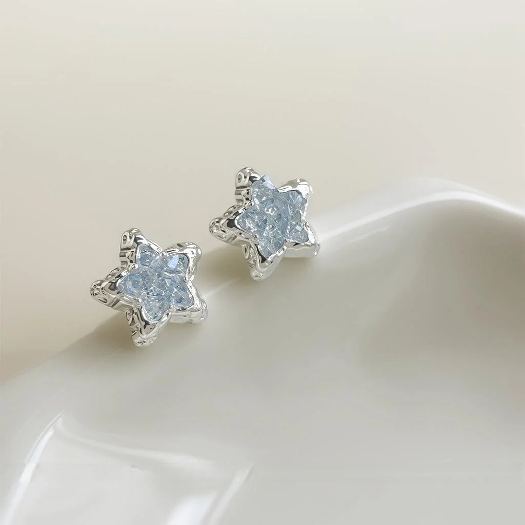 Blue Ice Glass Crystal Five Point Star Stud Earrings Silver Plated Fresh Sweet Summer Jewelry