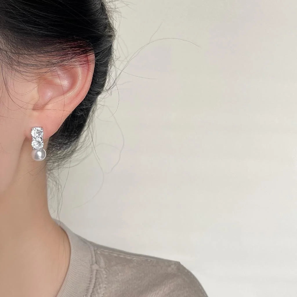Geometric Asymmetric Glass Pearl Stud Earrings Copper Micro Pave Zircon Minimalist Office Jewelry