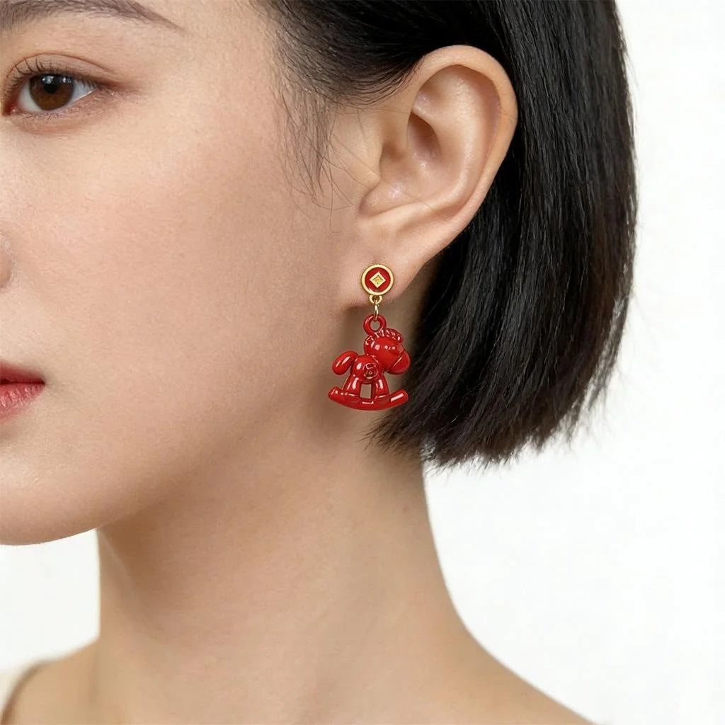 Chinese Style Horse Zodiac Enamel Copper Drop Earrings For Women
