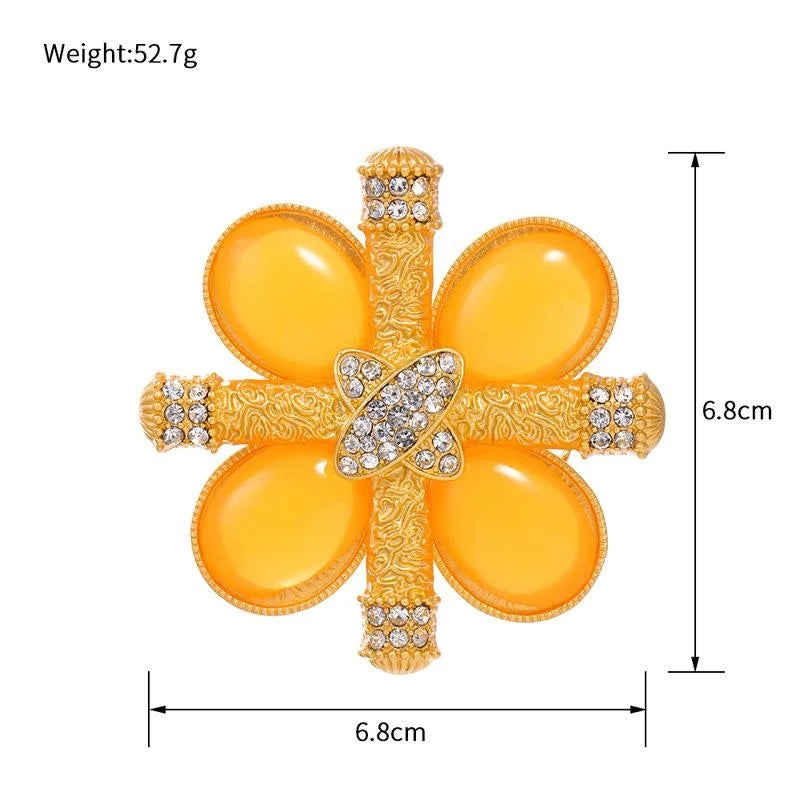 Elegant Yellow Baroque Flower Brooch With Rhinestone Enamel Petals, Luxury Lapel Pin Corsage Suit Accessory Gift