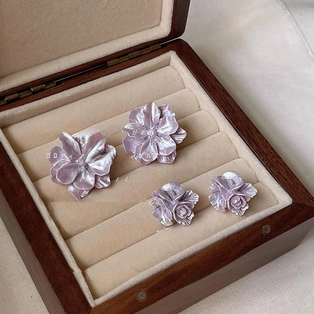 Forest Style Purple Resin Flower Stud Earrings With Silver Plated Pins For Women