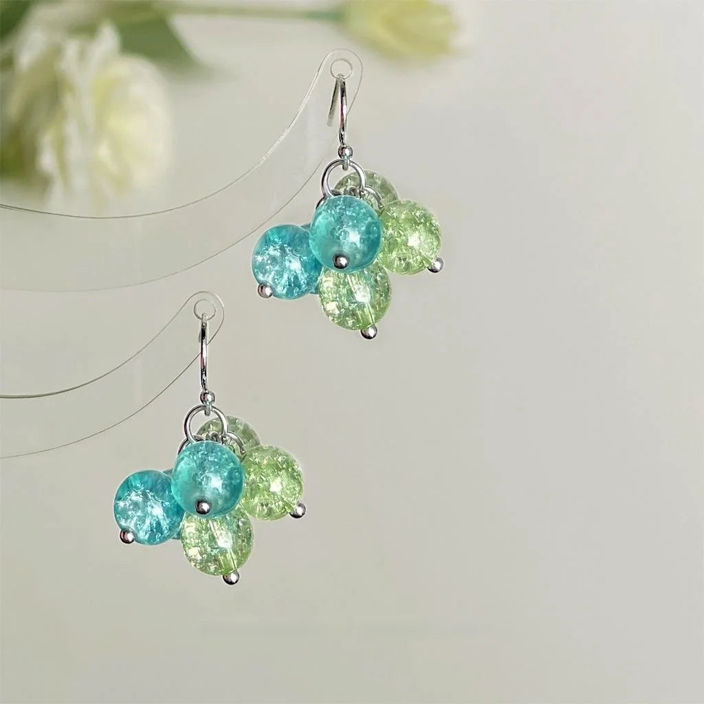 Colorful Glass Tassel Drop Earrings Fresh Geometric Round Ice Flower Style For Women
