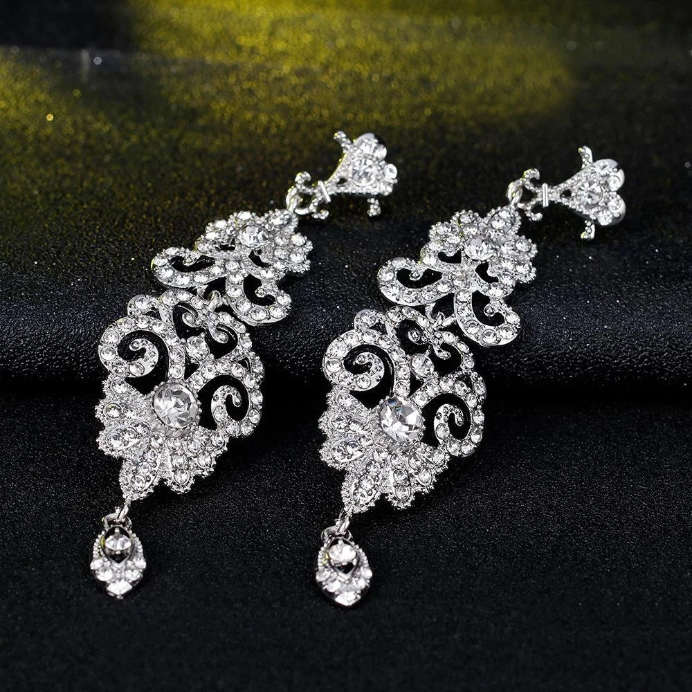 Luxury Silver Tone Rhinestone Filigree Teardrop Chandelier Earrings For Wedding Party Banquet Gift
