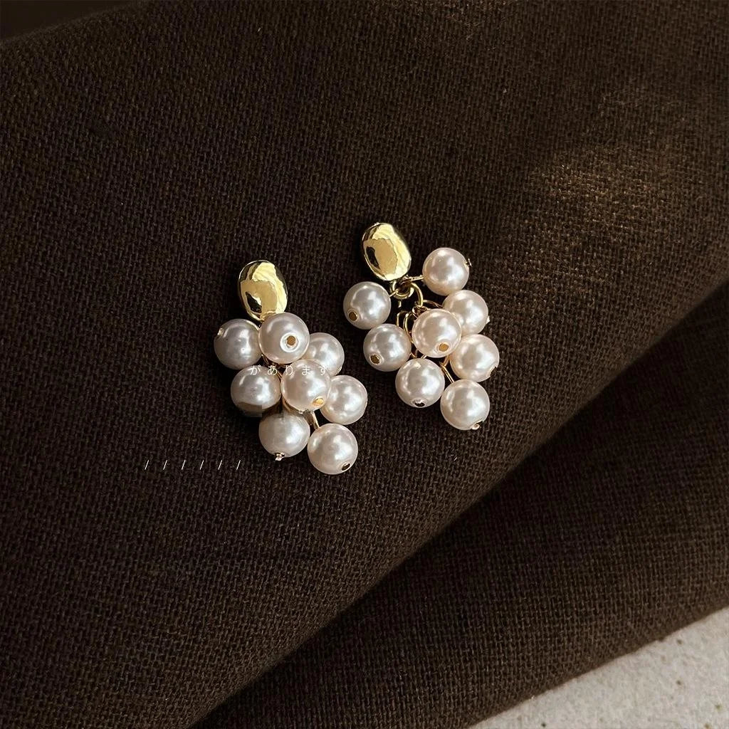 Light Luxury Handmade Silver Plated Pin Glass Pearl Grape Cluster Tassel Drop Earrings