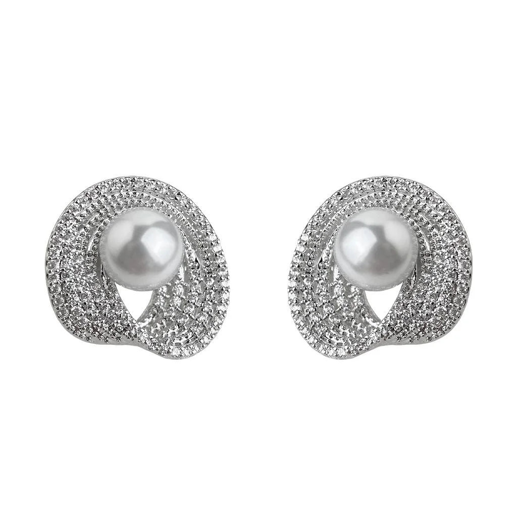 Luxury Copper Zircon Micro Pave White Pearl Geometric Mobius Ring Stud Earrings For Women