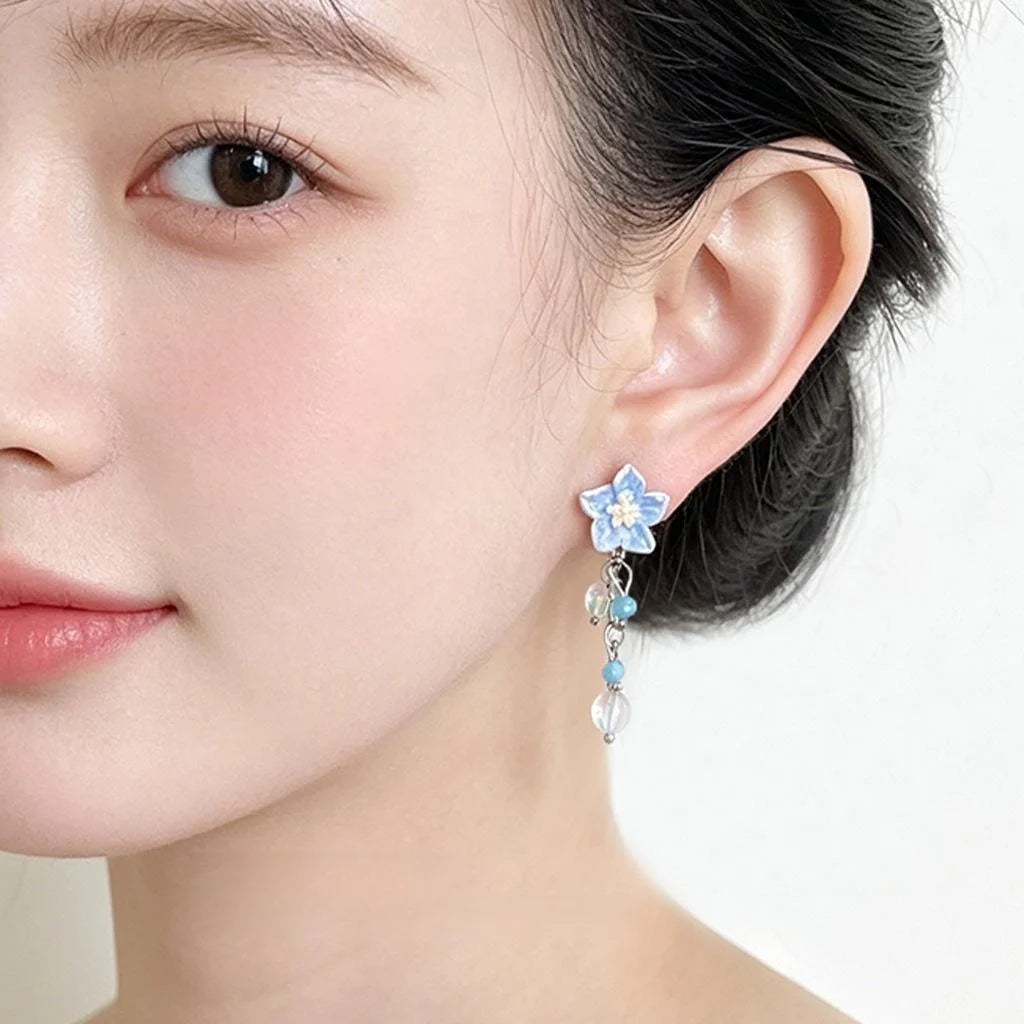 Handmade Blue Flower Glass Crystal Tassel Drop Earrings For Women Fresh Summer Style