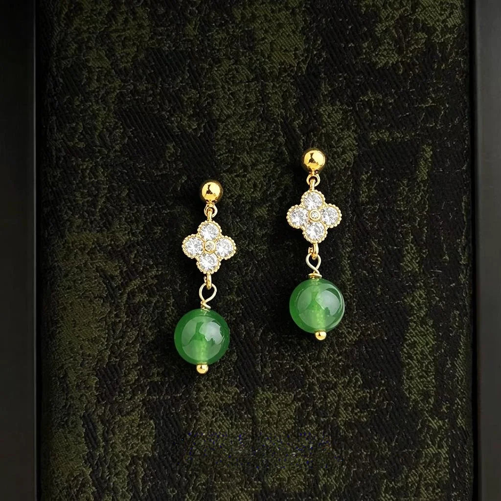 Handmade New Chinese Style Copper Green Agate Zircon Flower Tassel Drop Earrings