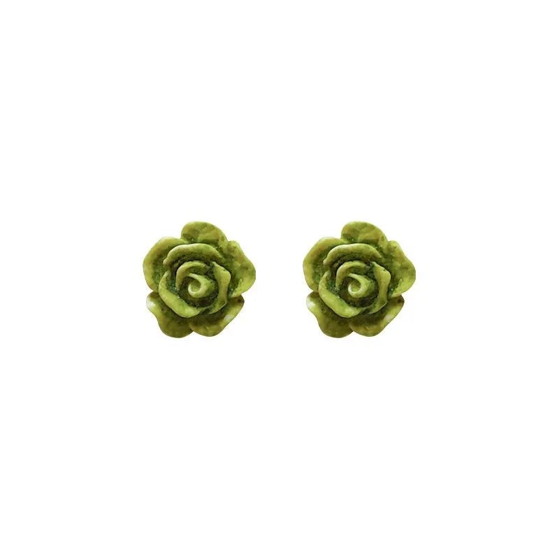 Fresh Green Resin Flower Stud Earrings Silver Plated Pin Simple Forest Style Jewelry
