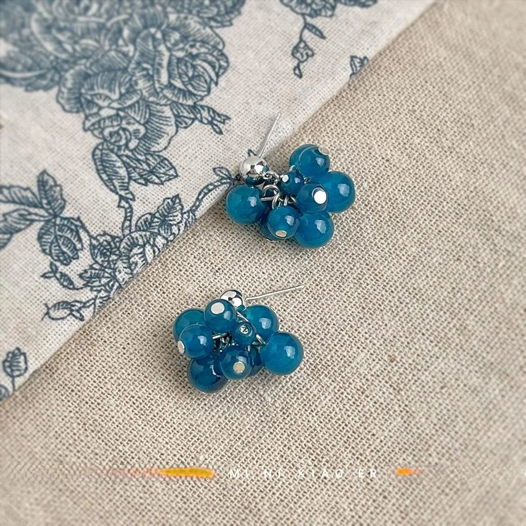 Sweet Korean Style Blue Glass Crystal Grape Cluster Tassel Handmade Woven Drop Earrings