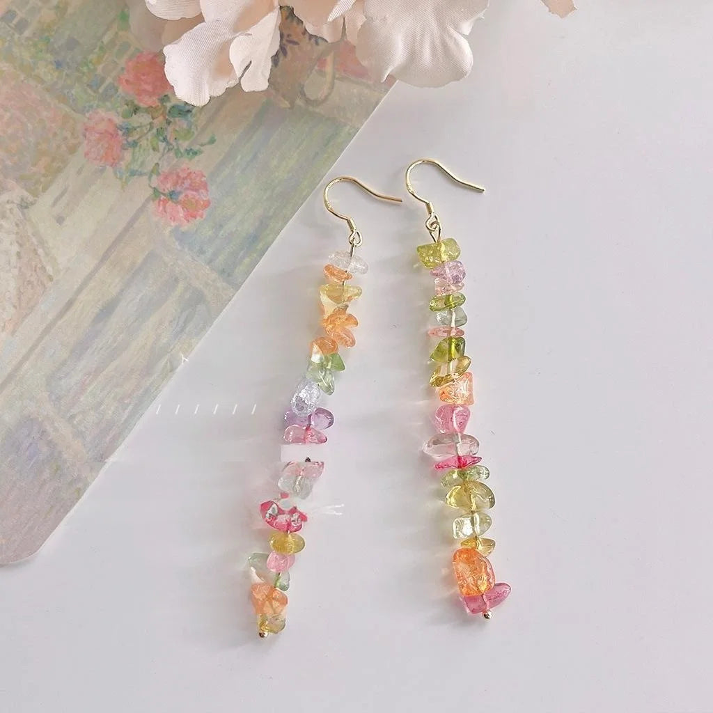 Handmade Sweet Dopamine Glass Chip Geometric Long Drop Earrings With Silver Plated Pins