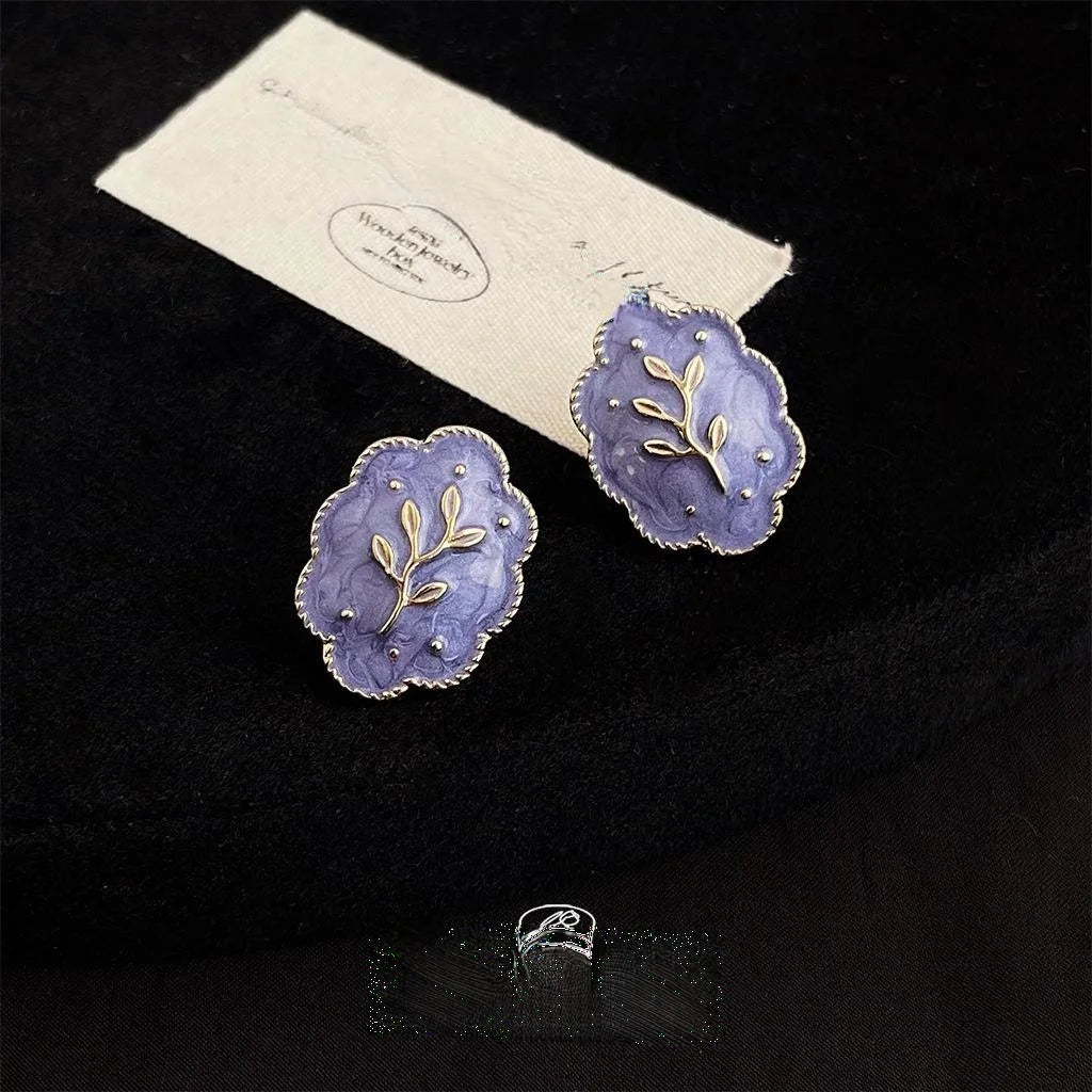 French Vintage 14K Gold Plated Alloy Purple Enamel Wheat Leaf Drop Earrings