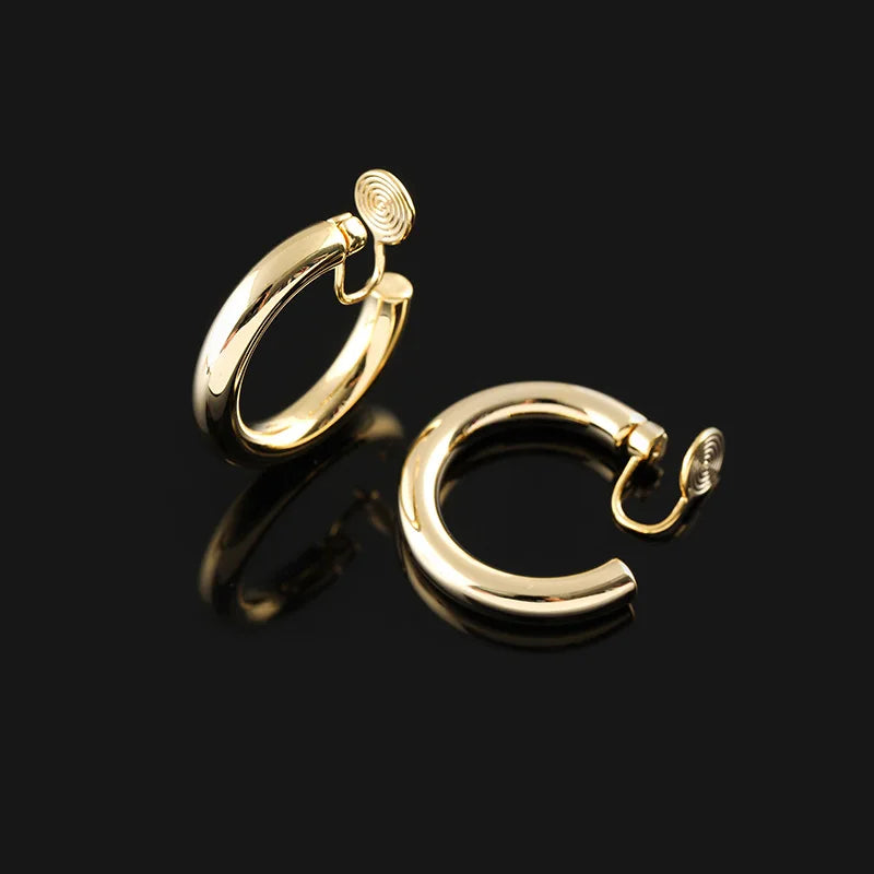 Elegant Chunky Gold Alloy Round Hoop With Spiral Disk Stud & Clip On No Piercing Hong Kong Style Earrings