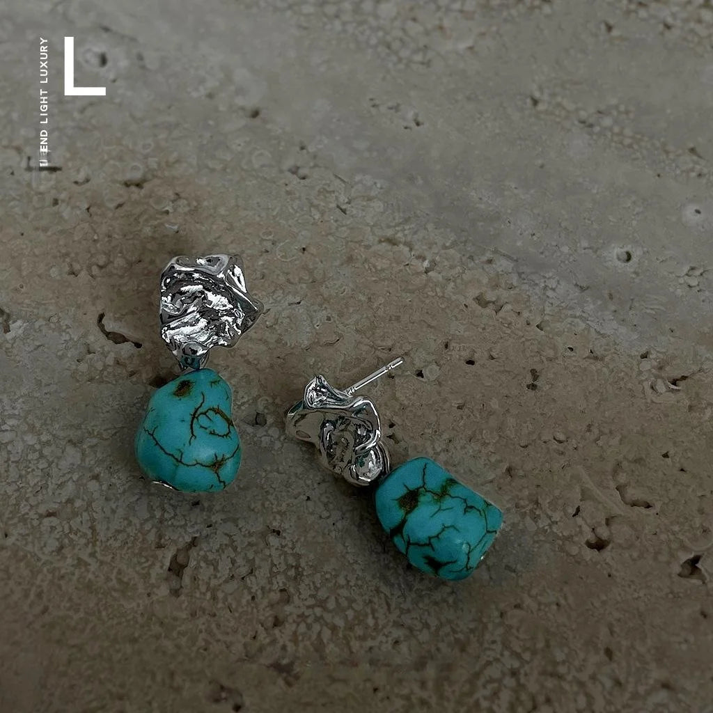 Vintage Palace Style Copper Faux Turquoise Irregular Geometric Drop Earrings For Women