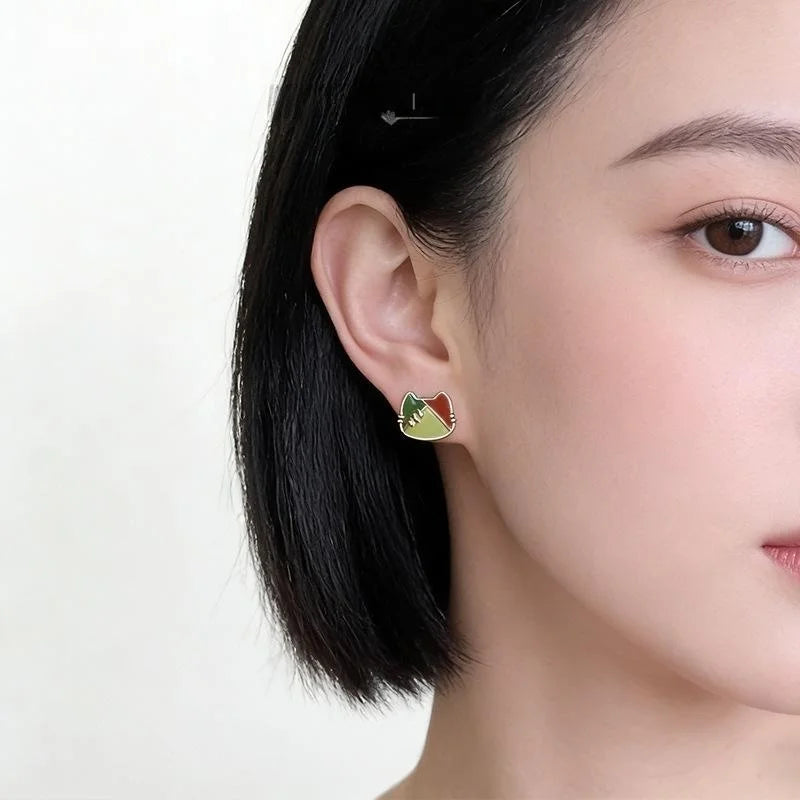 Handmade Painted Enamel Cat Head Stud Earrings Eco Copper Cute Artistic Jewelry