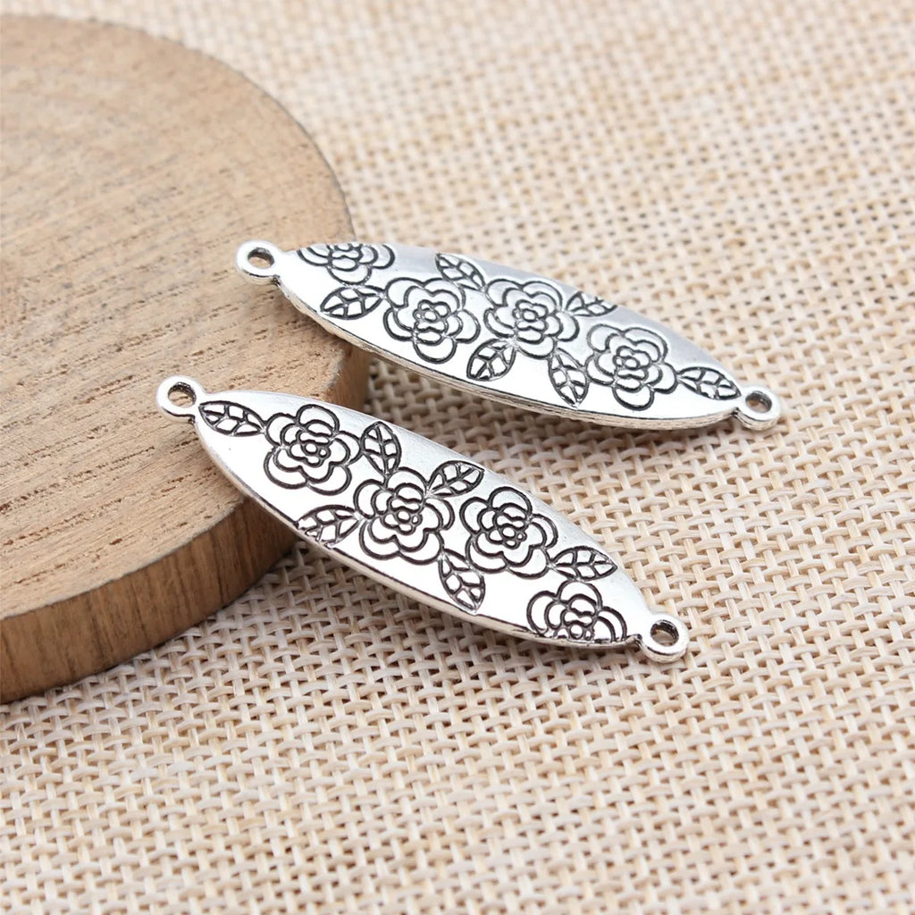 43x13mm 5g Antique Silver Zinc Alloy Double Sided Flower Pattern Connector Charm for DIY Jewelry Making