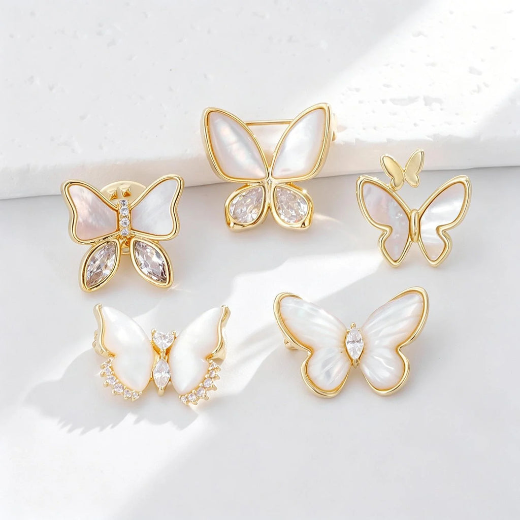 Light Luxury Mother Of Pearl Butterfly Brooch Gold Plated Copper Zircon Lapel Pin Suit Accessory Gift