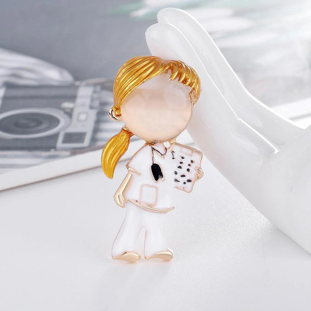 Cute Girl Doctor Alloy Enamel Cat Eye Stone Brooch, White Lapel Pin Corsage Suit Accessory Gift