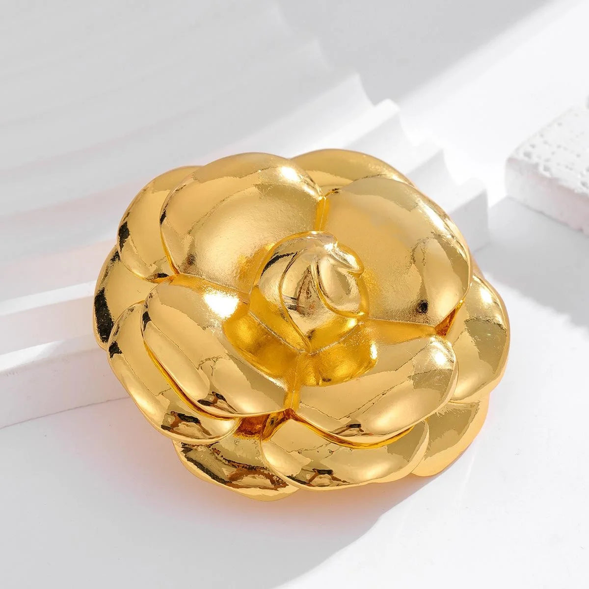 Elegant Gold Tone Alloy Camellia Flower Brooch, Smooth Petal Lapel Pin Corsage For Women's Suit Accessory