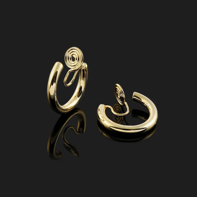 Minimalist Gold Alloy Spiral Hoop Stud & Clip On No Piercing French Elegant Ear Cuff Earrings
