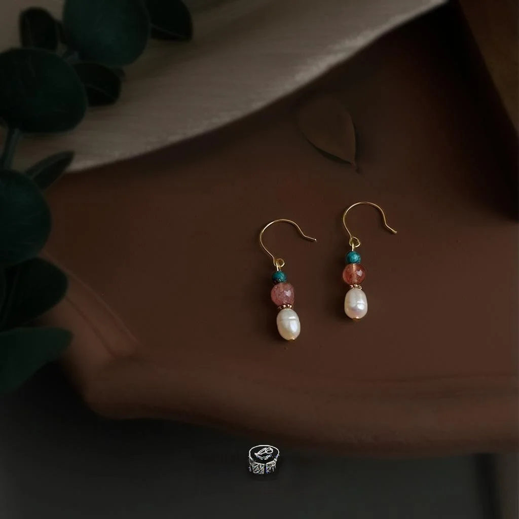 Handmade Freshwater Pearl Strawberry Quartz Drop Earrings Light Luxury Geometric Round Design