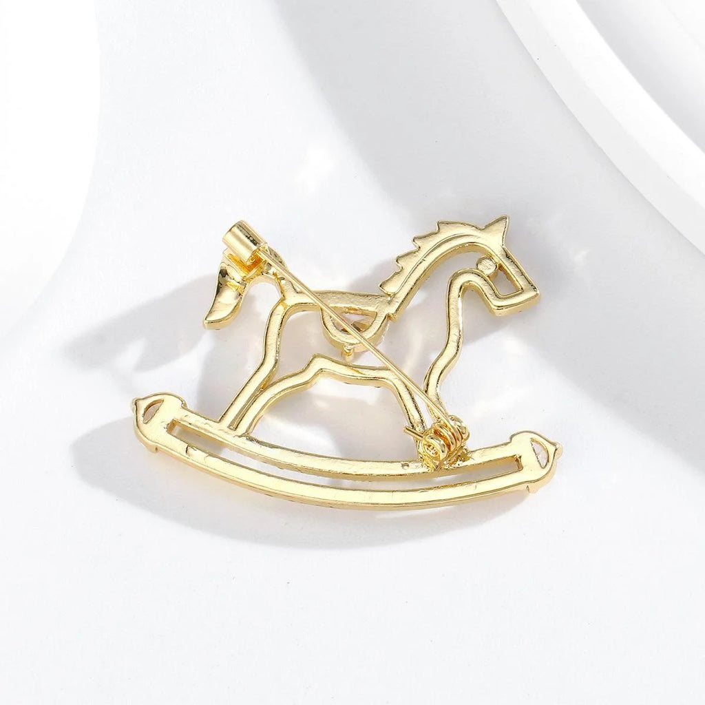 Cute Rhinestone Rocking Horse Brooch Elegant Silver Alloy Lapel Pin Corsage Suit Accessory Gift