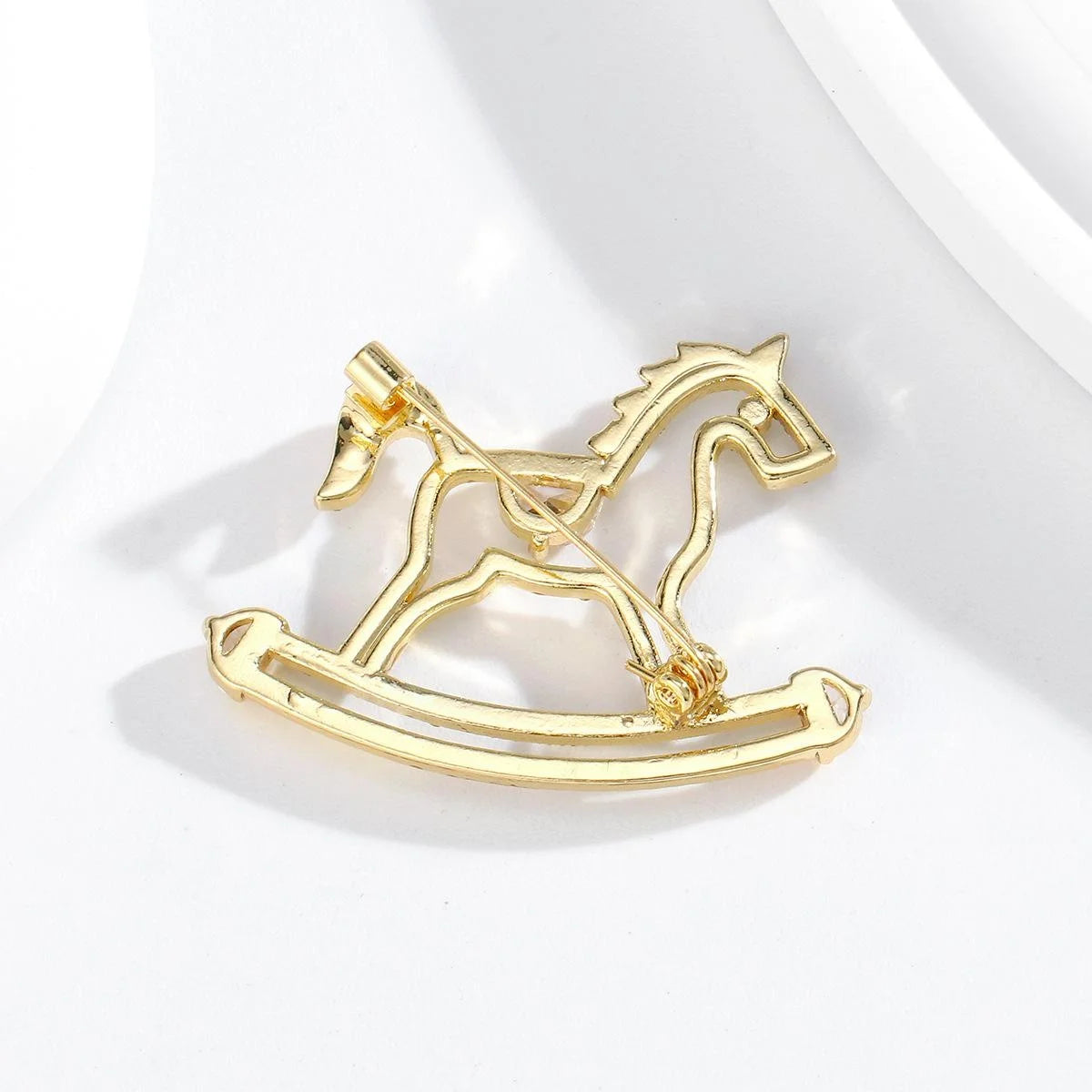 Cute Rhinestone Rocking Horse Brooch Elegant Silver Alloy Lapel Pin Corsage Suit Accessory Gift