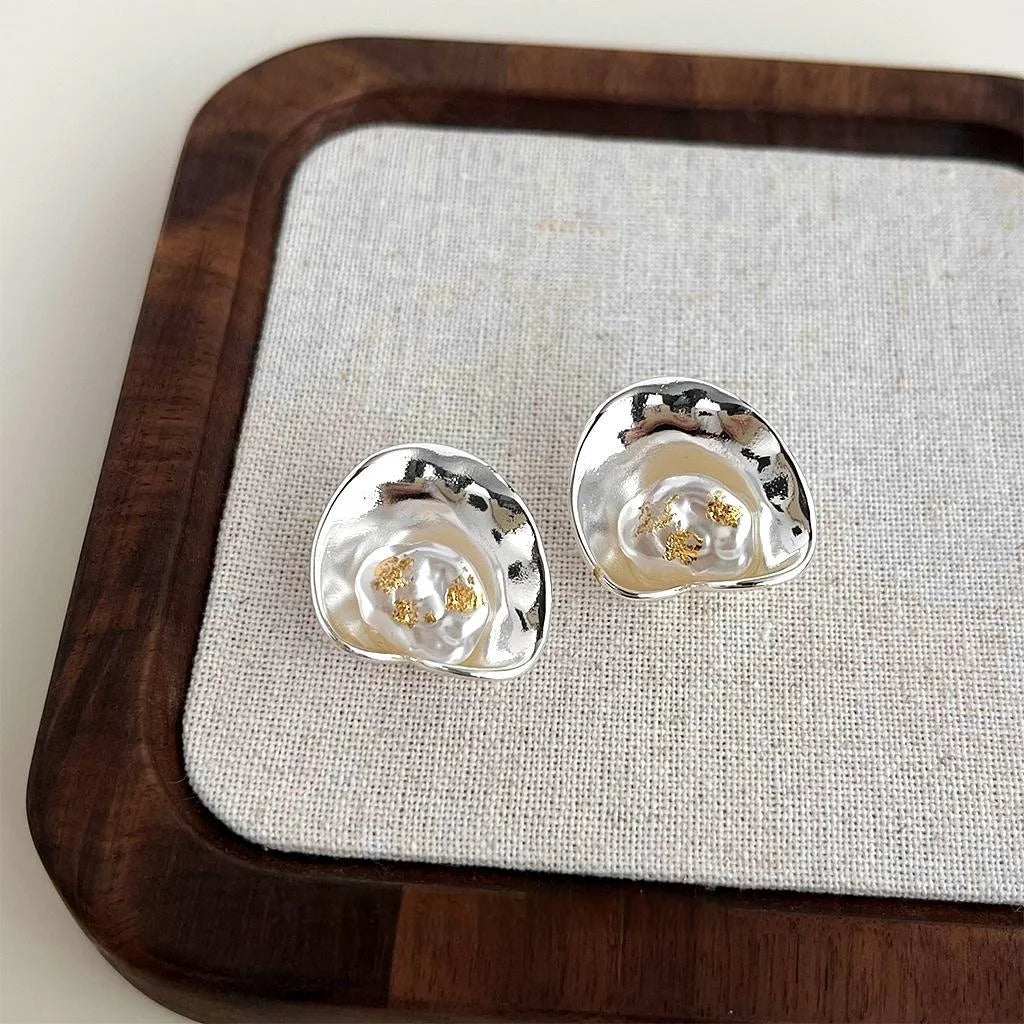 Designer Geometric Ruffle Copper High Gloss Pearl Drop Earrings Premium Sweet Cool Style