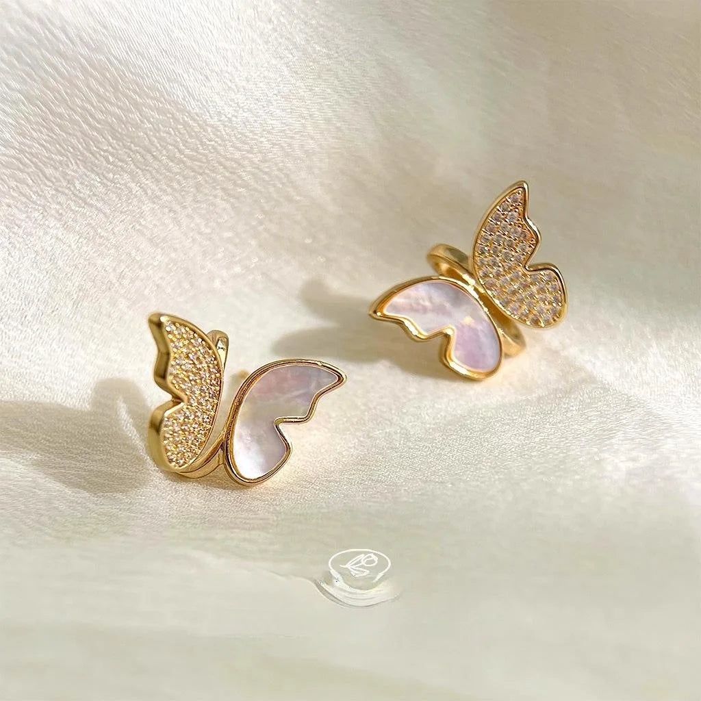 14K Gold Plated Copper Real Shell Butterfly Stud Earrings With Micro Pave Zircon Sweet Elegant Jewelry