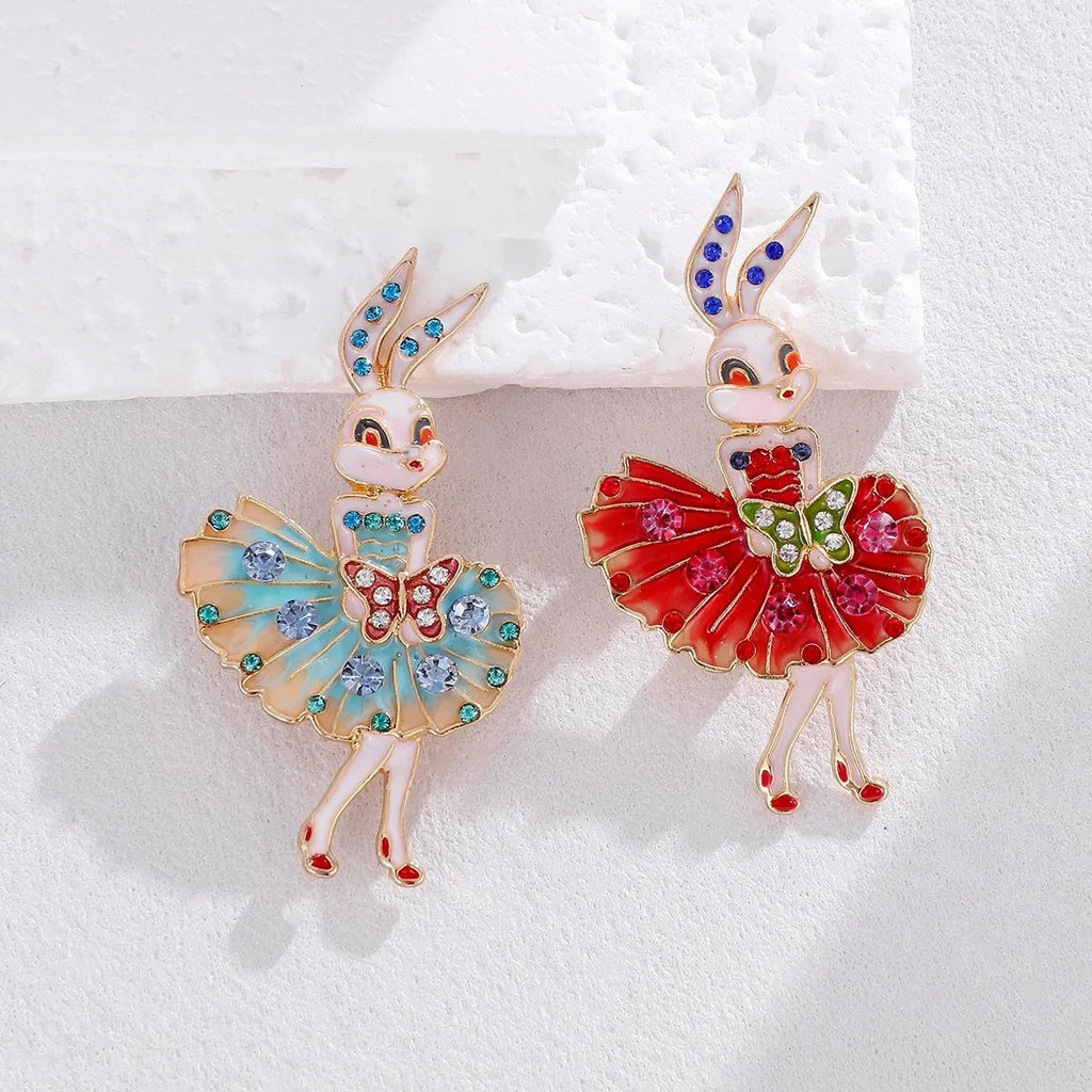 Cute Dancing Rabbit Enamel Alloy Brooch With Blue Rhinestones, Elegant Animal Lapel Pin Corsage Gift