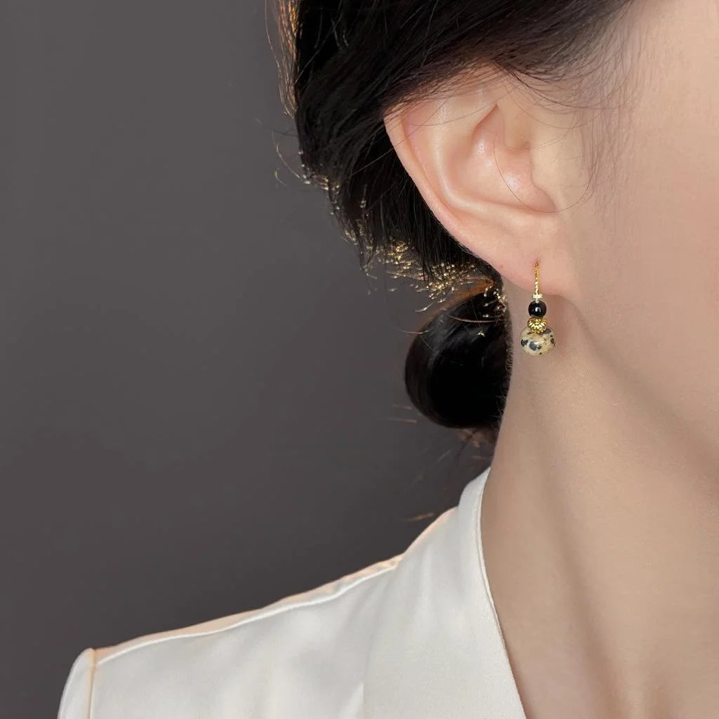 Vintage Natural Stone Handmade Geometric Round Hoop Drop Earrings New Chinese Style