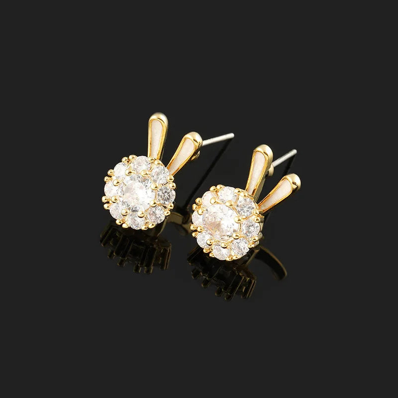 Elegant Zircon Rabbit Bunny Stud & Clip On No Piercing Gold Alloy Sweet Rotatable Ear Cuff Earrings