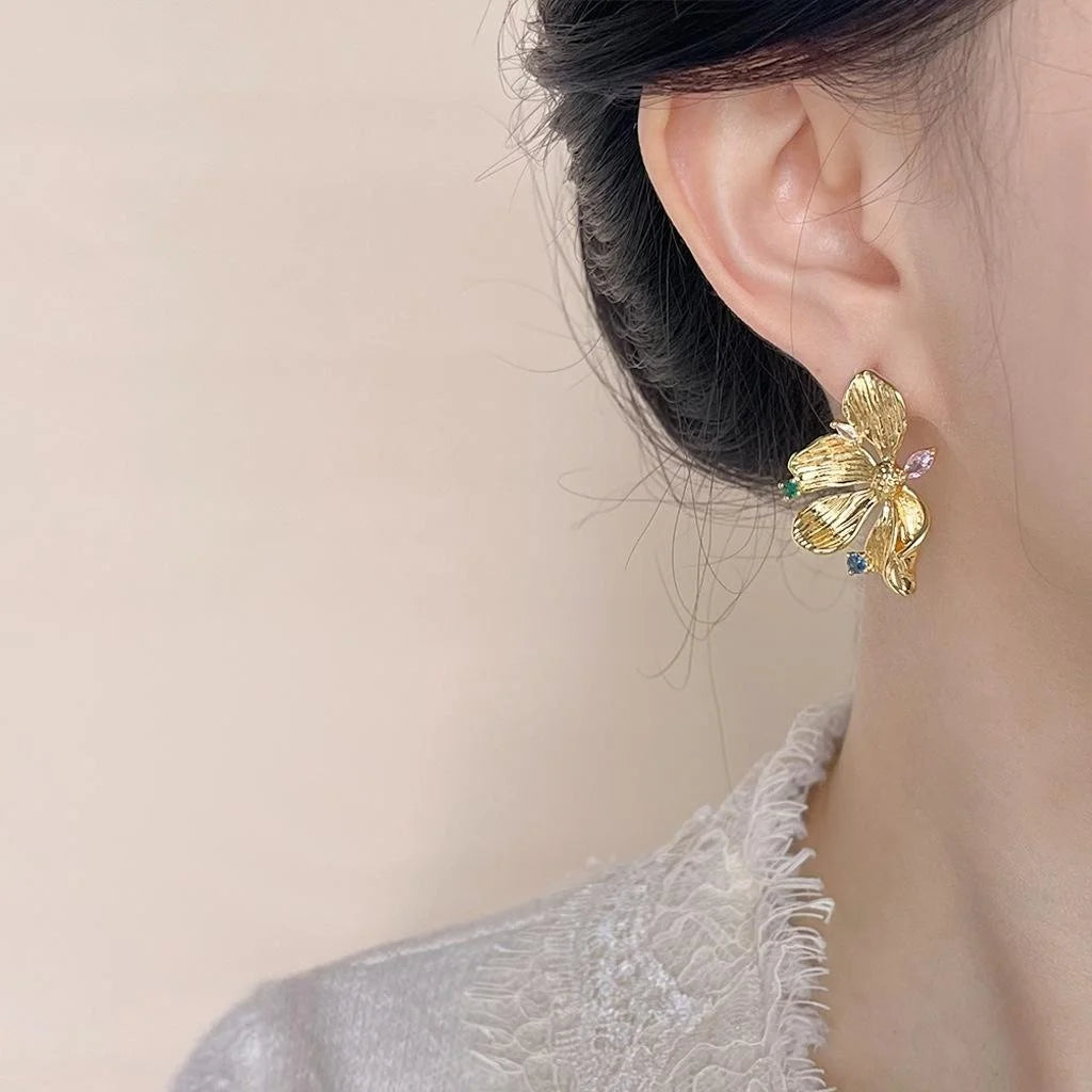 Elegant 14K Plated Liquid Flower Metal Drop Earrings With Micro Pave Zircon