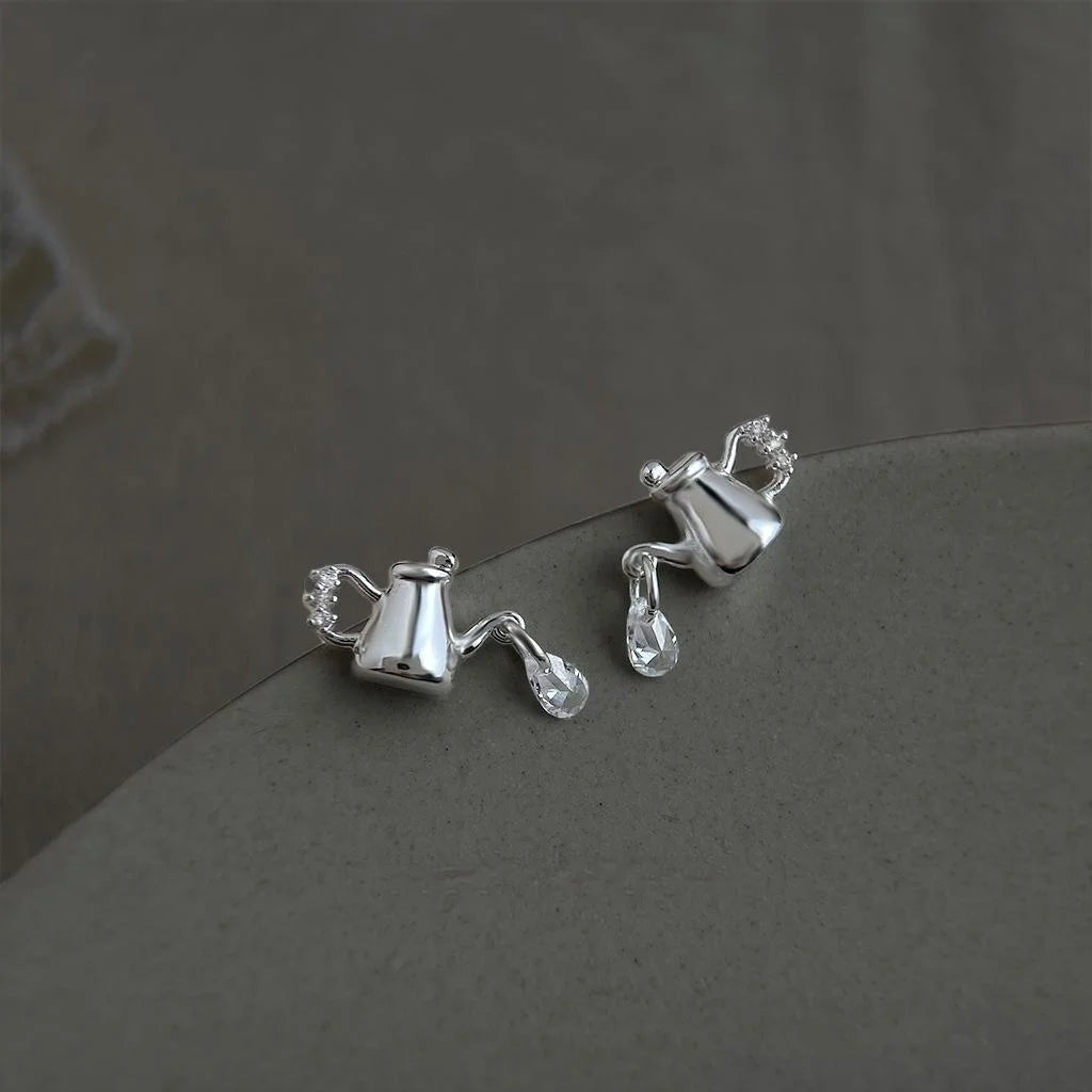 Style Eco-Friendly Copper Silver Plated Pin Watering Can Water Drop Stud Earrings